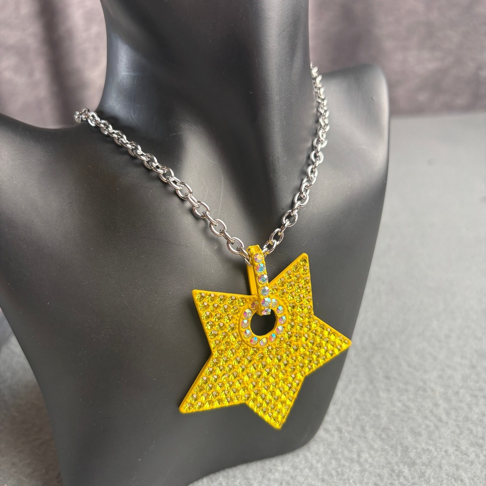 OPS! Objects Yellow Rhinestone Star Pendant Necklace Silver Tone Chain Statement